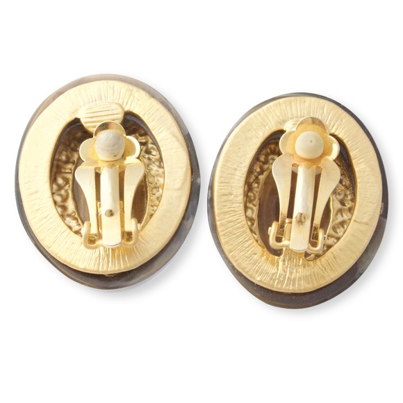 Vintage Lucite Clip On Earrings Large Chunky Oval Grey Faux Agate Gold Tone - Picture 4 of 4